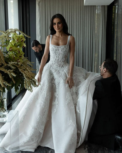 Pretty Wedding Dress Ball Gown Square Neck Lace Long White Wedding Dresses Bridal Gowns WD046