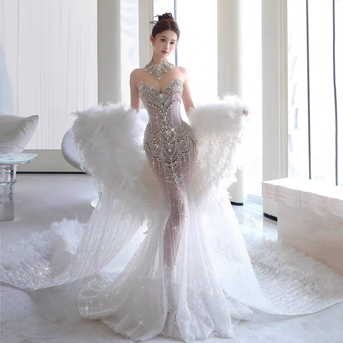 Retro Wedding Dress Mermaid Sweetheart Sequin Long White Wedding Dresses Bridal Gowns WD044