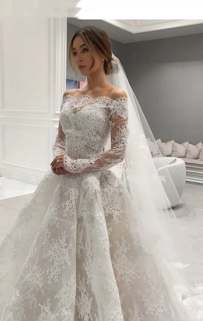 Romantic Bridal Gown Ball Gown Off The Shoulder White Lace Floor Length Wedding Dresses Minimalist Bridal Gowns WD048
