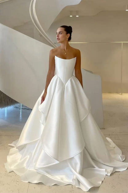 Pretty Wedding Dress Ball Gown Strapless White Satin Long Wedding Dresses Bridal Gowns WD051