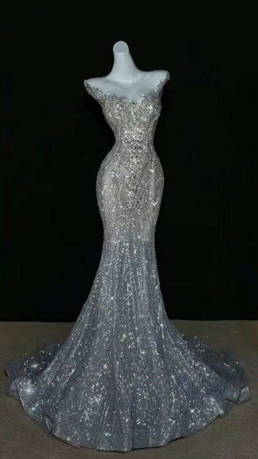 Sparkly Wedding Dress Mermaid Scoop Sequin Long Silver Corset Back Wedding Dresses Brides Dress Bridal Gowns WD053