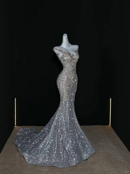 Sparkly Wedding Dress Mermaid Scoop Sequin Long Silver Corset Back Wedding Dresses Brides Dress Bridal Gowns WD053