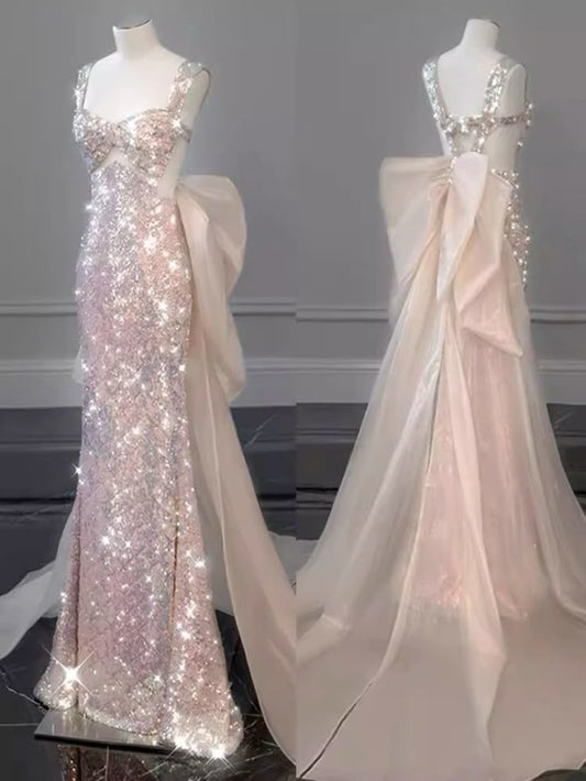 Classy Mermaid Straps Sleeveless Sequin Prom Dresses Summer Wedding Guest Dresses Wedding Guest Outfits WD055