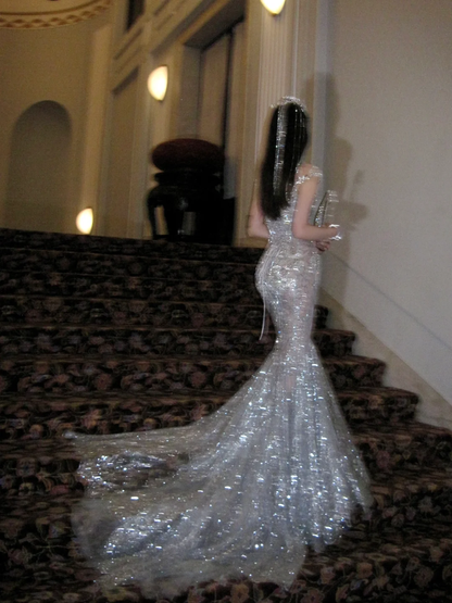 Retro Wedding Dress Mermaid Scoop Sequin Pearls Long Silver Wedding Dresses Bride Dress Bridal Gowns WD057