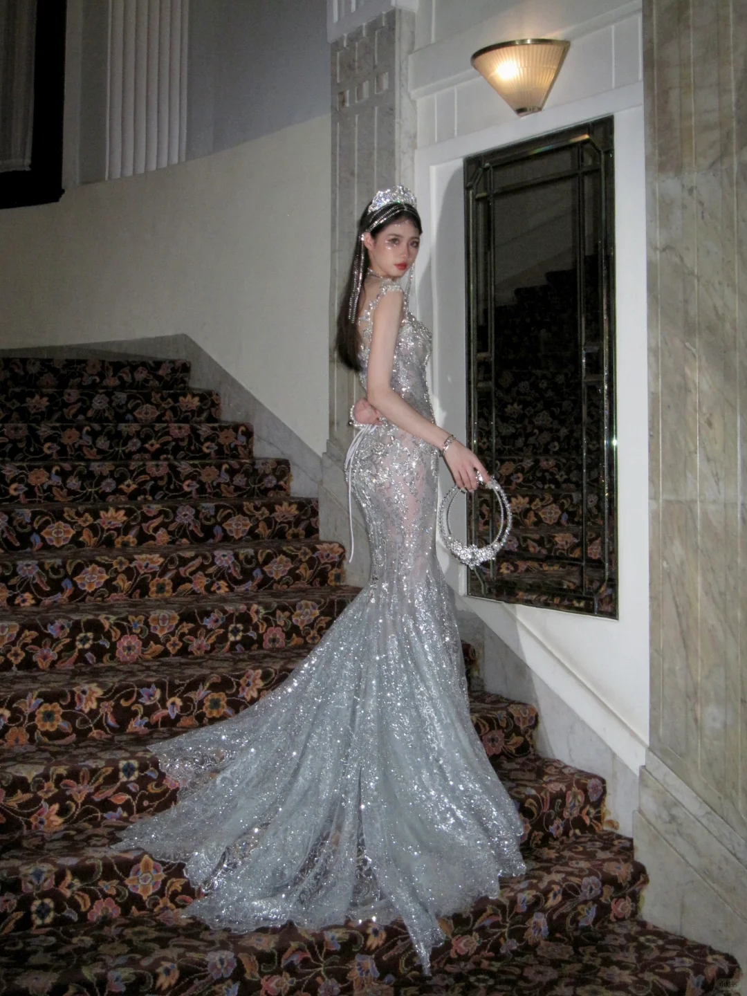 Retro Wedding Dress Mermaid Scoop Sequin Pearls Long Silver Wedding Dresses Bride Dress Bridal Gowns WD057