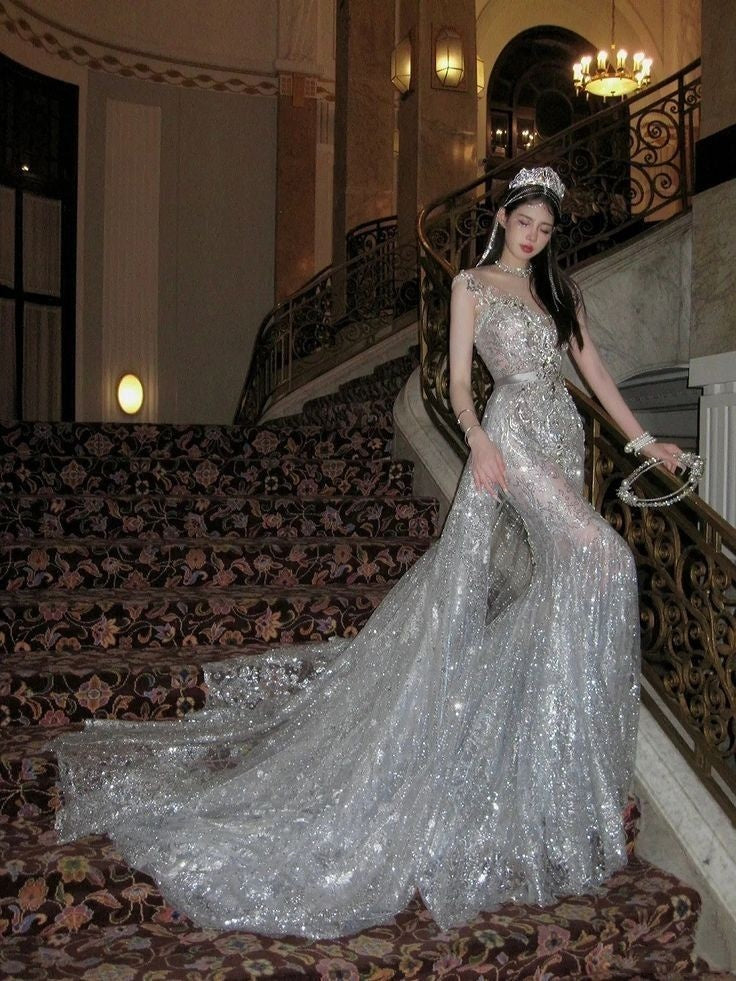 Sexy Wedding Dress Mermaid Scoop Sequin Pearls Long Silver Wedding Dresses Bride Dress Bridal Gowns With Train WD059