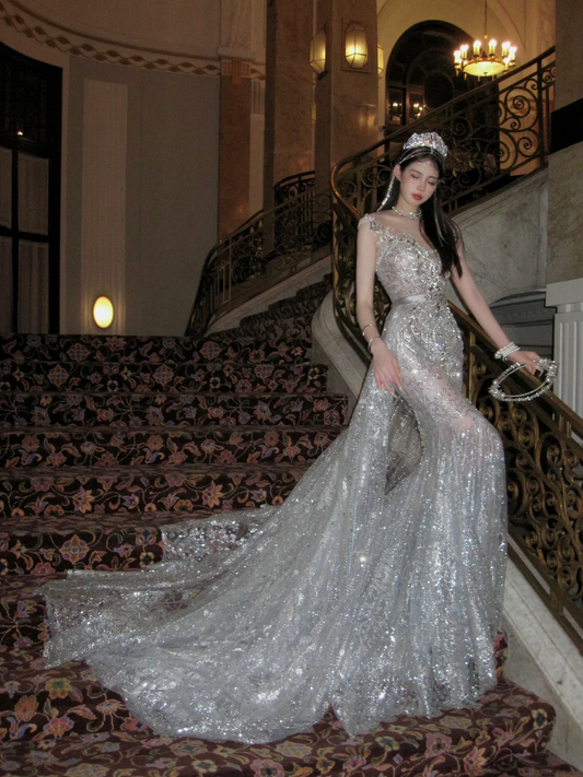 Sexy Wedding Dress Mermaid Scoop Sequin Pearls Long Silver Wedding Dresses Bride Dress Bridal Gowns With Train WD059
