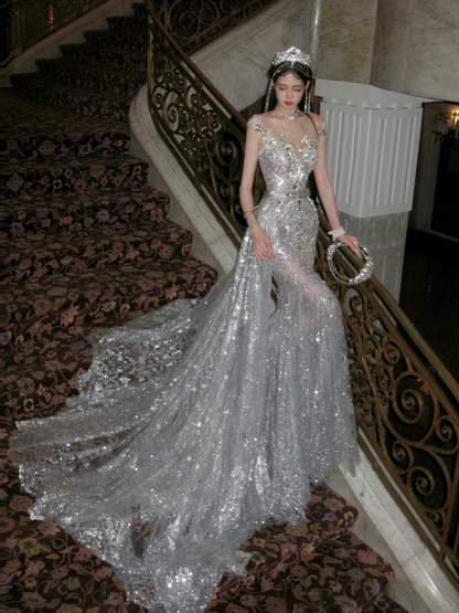 Sexy Wedding Dress Mermaid Scoop Sequin Pearls Long Silver Wedding Dresses Bride Dress Bridal Gowns With Train WD059