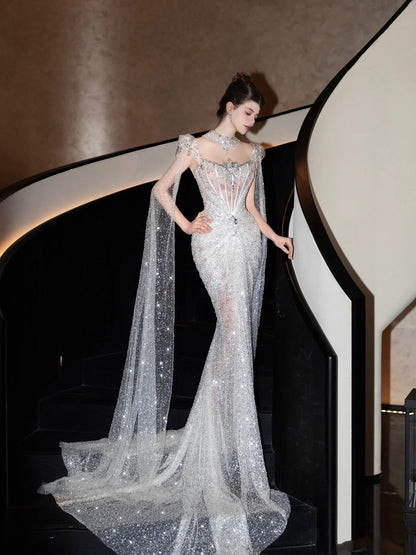 Sparkly Wedding Dress Mermaid Sequin Long Silver Wedding Dresses Brides Dress Bridal Gowns WD061