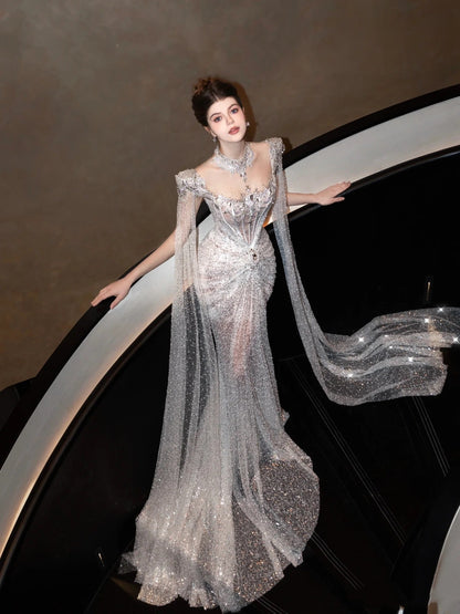 Sparkly Wedding Dress Mermaid Sequin Long Silver Wedding Dresses Brides Dress Bridal Gowns WD061