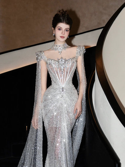 Sparkly Wedding Dress Mermaid Sequin Long Silver Wedding Dresses Brides Dress Bridal Gowns WD061
