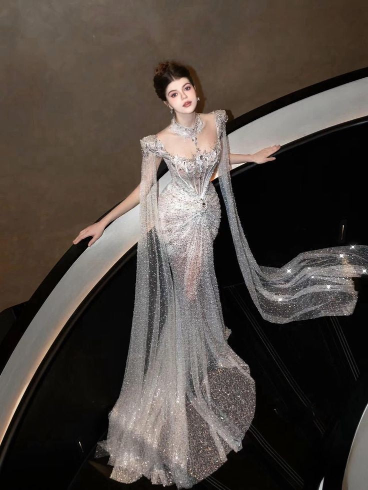 Sparkly Wedding Dress Mermaid Sequin Long Silver Wedding Dresses Brides Dress Bridal Gowns WD061