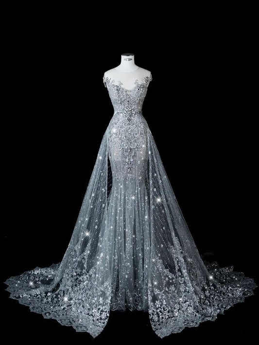 Sexy Wedding Dress Mermaid Sequin Beads Long Silver Wedding Dresses Bride Dress Bridal Gowns With Train WD062
