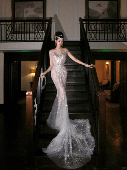 Sexy Wedding Dress Mermaid Sequin Beads Long Silver Wedding Dresses Bride Dress Bridal Gowns WD068