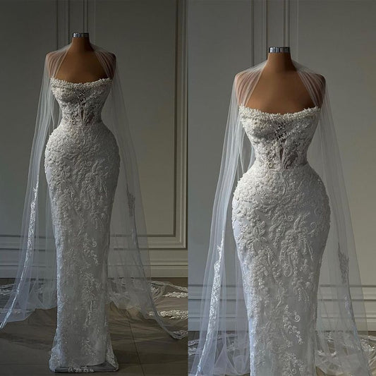 Modest Wedding Dress Mermaid Strapless Lace Long White Wedding Dresses Brides Dress Bridal Gowns WD069