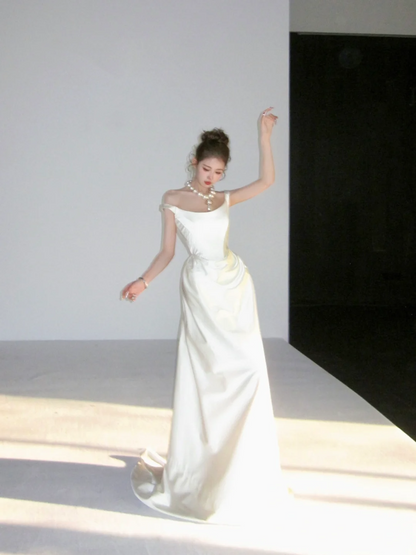 Dreamy Wedding Dress Sheath Off The Shoulder White Satin Summer Long Wedding Dresses Bridal Gowns W0140