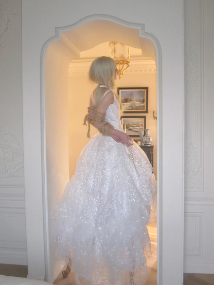 Pretty Wedding Dress Ball Gown Square Neck Sequin White Long Luxury Wedding Dresses Bridal Gowns Brides Gown WD080