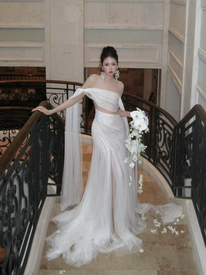 Simple Wedding Dress Sheath Off The Shoulder Summer Long Tulle White Wedding Dresses Bride Dress Bridal Gowns WD081