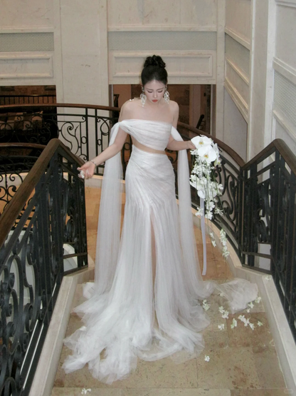 Simple Wedding Dress Sheath Off The Shoulder Summer Long Tulle White Wedding Dresses Bride Dress Bridal Gowns WD081