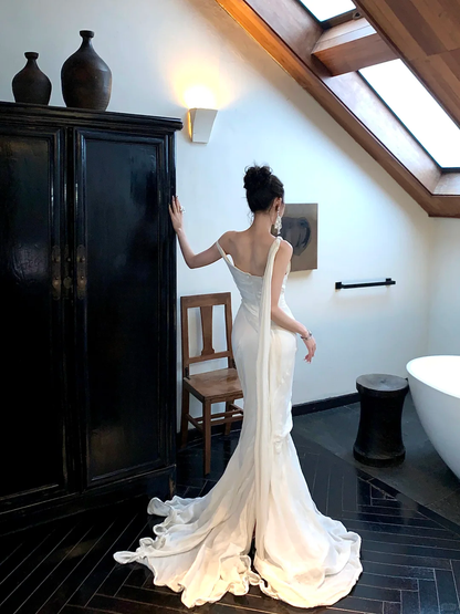 Simple Wedding Dress Mermaid Off The Shoulder Summer Long Satin White Wedding Dresses Bride Dress Bridal Gowns WD082