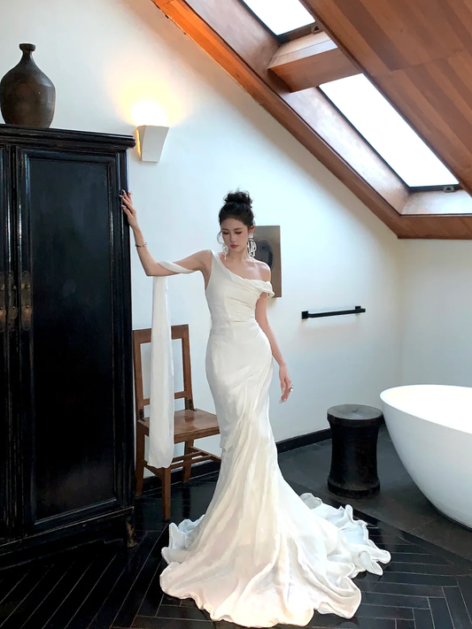 Simple Wedding Dress Mermaid Off The Shoulder Summer Long Satin White Wedding Dresses Bride Dress Bridal Gowns WD082