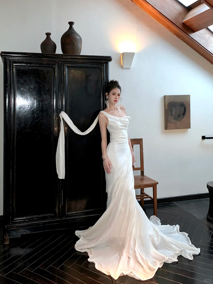 Simple Wedding Dress Mermaid Off The Shoulder Summer Long Satin White Wedding Dresses Bride Dress Bridal Gowns WD082