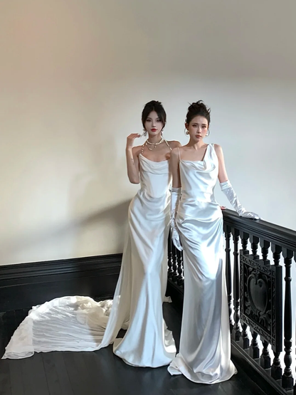 Simple Wedding Dress Mermaid Strapless Summer Long Satin White Wedding Dresses Bride Dress Bridal Gowns WD084