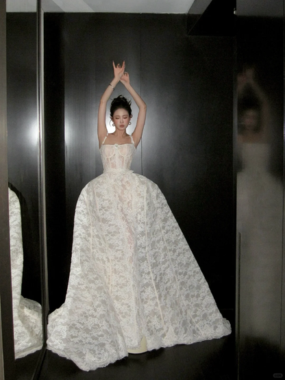 Modest Wedding Dress Ball Gown Square Neck Lace Summer Long White Wedding Dresses Bride Dress Bridal Gowns WD085