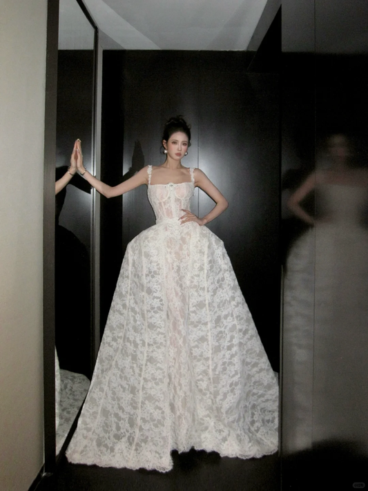 Modest Wedding Dress Ball Gown Square Neck Lace Summer Long White Wedding Dresses Bride Dress Bridal Gowns WD085