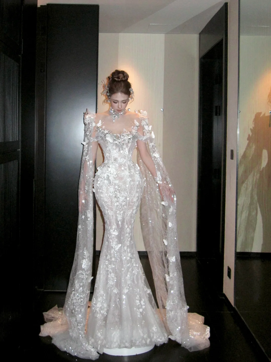 Pretty Wedding Dress Mermaid Scoop Neck Lace Sequin White Long Luxury Wedding Dresses Bridal Gowns Brides Gown WD088