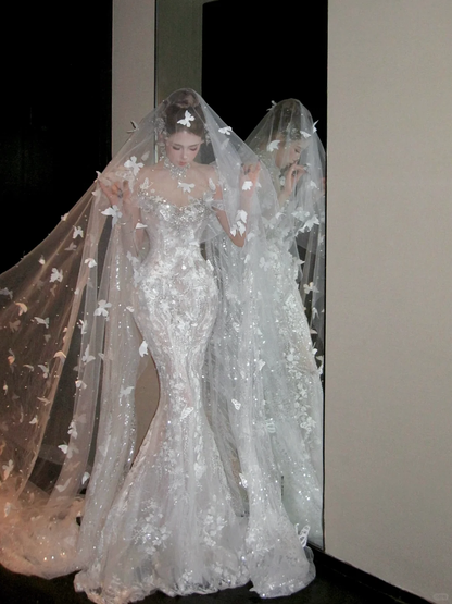 Pretty Wedding Dress Mermaid Scoop Neck Lace Sequin White Long Luxury Wedding Dresses Bridal Gowns Brides Gown WD088