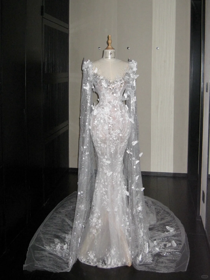 Pretty Wedding Dress Mermaid Scoop Neck Lace Sequin White Long Luxury Wedding Dresses Bridal Gowns Brides Gown WD088