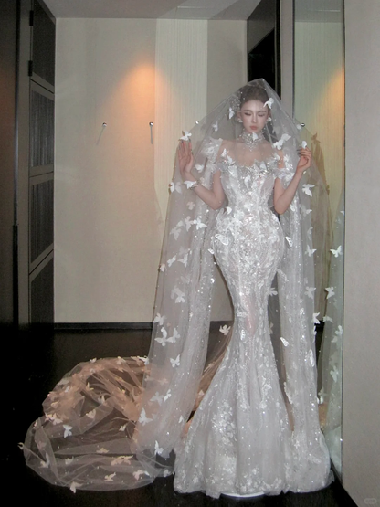 Pretty Wedding Dress Mermaid Scoop Neck Lace Sequin White Long Luxury Wedding Dresses Bridal Gowns Brides Gown WD088