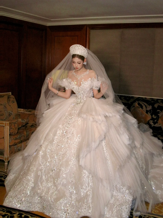 Pretty Wedding Dress Ball Gown Scoop Tulle White Long Luxury Wedding Dresses Bridal Gowns Brides Gown WD090