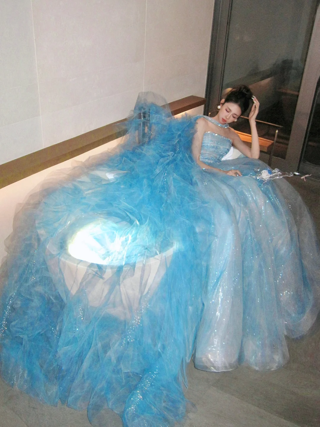 Classy Ball Gown Strapless Blue Layers Tulle Long Prom Dresses Party Dress Birthday Outfits Graduation Dresses WD092