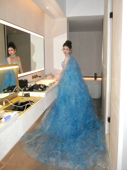 Classy Ball Gown Strapless Blue Layers Tulle Long Prom Dresses Party Dress Birthday Outfits Graduation Dresses WD092