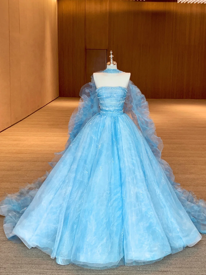 Classy Ball Gown Strapless Blue Layers Tulle Long Prom Dresses Party Dress Birthday Outfits Graduation Dresses WD092