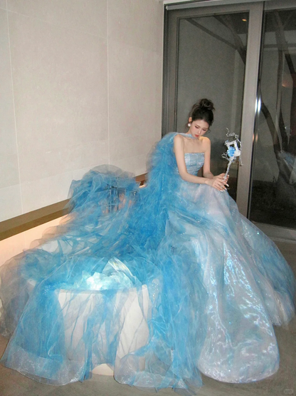 Classy Ball Gown Strapless Blue Layers Tulle Long Prom Dresses Party Dress Birthday Outfits Graduation Dresses WD092