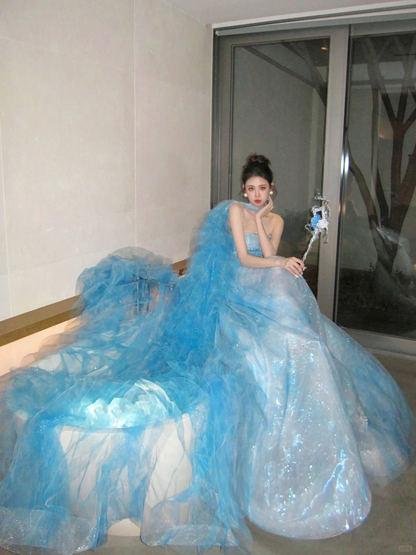 Classy Ball Gown Strapless Blue Layers Tulle Long Prom Dresses Party Dress Birthday Outfits Graduation Dresses WD092