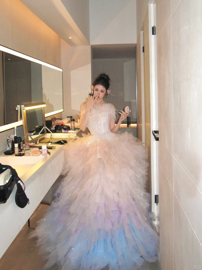 Classy Ball Gown Strapless Pink Layers Tulle Long Prom Dresses Party Dress Birthday Outfits Graduation Dresses WD093