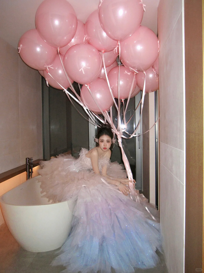 Classy Ball Gown Strapless Pink Layers Tulle Long Prom Dresses Party Dress Birthday Outfits Graduation Dresses WD093