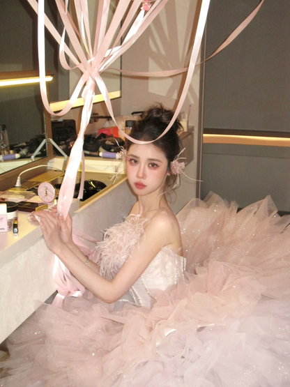 Classy Ball Gown Strapless Pink Layers Tulle Long Prom Dresses Party Dress Birthday Outfits Graduation Dresses WD093