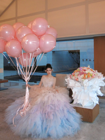 Classy Ball Gown Strapless Pink Layers Tulle Long Prom Dresses Party Dress Birthday Outfits Graduation Dresses WD093