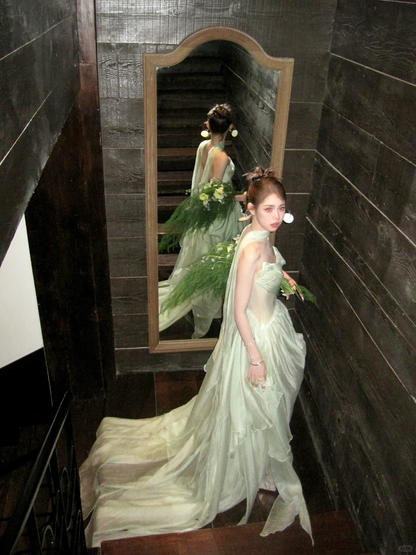 Classy A line Strapless Sage Green Satin Layers Long Prom Dresses Party Dress Birthday Outfits Graduation Dresses WD096