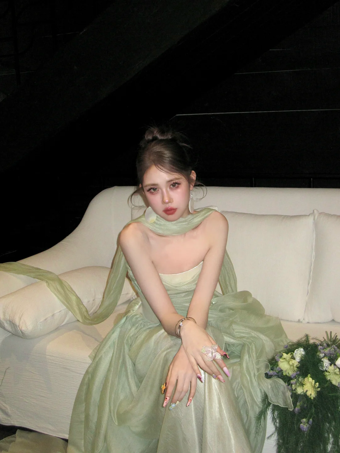 Classy A line Strapless Sage Green Satin Layers Long Prom Dresses Party Dress Birthday Outfits Graduation Dresses WD096