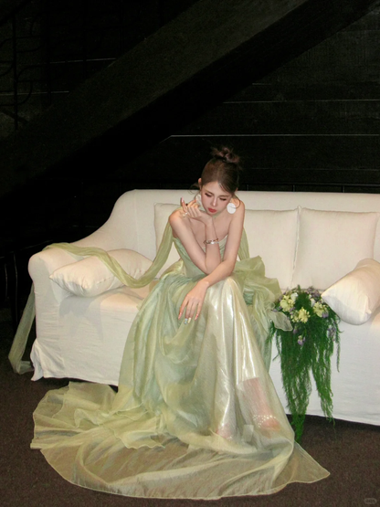 Classy A line Strapless Sage Green Satin Layers Long Prom Dresses Party Dress Birthday Outfits Graduation Dresses WD096