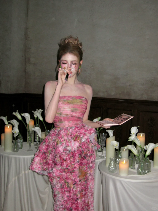 Classy Mermaid Strapless Pink Floral Rose Layers Long Prom Dresses Party Dress Birthday Outfits Graduation Dresses WD097