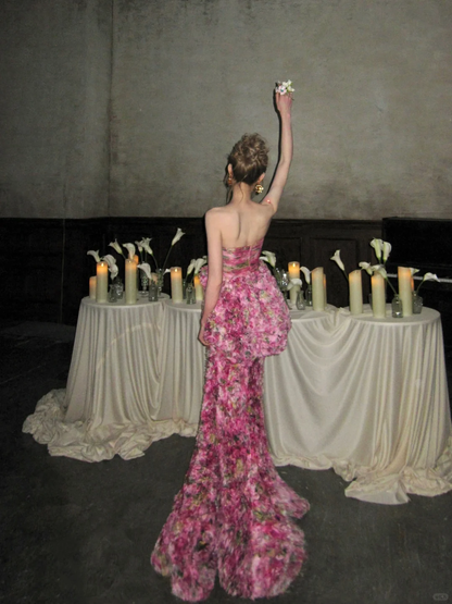 Classy Mermaid Strapless Pink Floral Rose Layers Long Prom Dresses Party Dress Birthday Outfits Graduation Dresses WD097