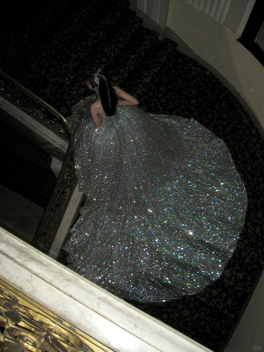 Pretty Wedding Dress Ball Gown Strapless Silver Sequin Long Luxury Wedding Dresses Bridal Gowns Brides Gown WD098