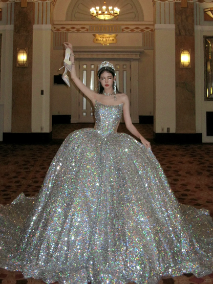Pretty Wedding Dress Ball Gown Strapless Silver Sequin Long Luxury Wedding Dresses Bridal Gowns Brides Gown WD098